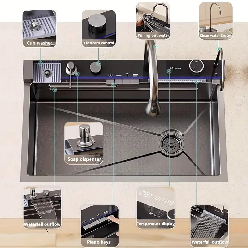 Modern Waterfall Sink with Temperature Display